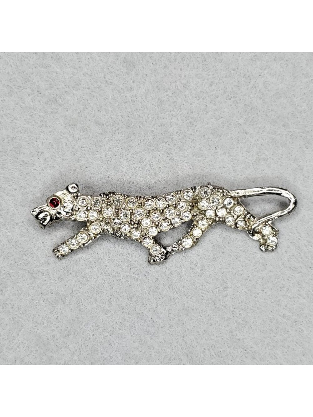 Vintage Leopard Brooch Rhinestone Silver Tone 2.75" Germany